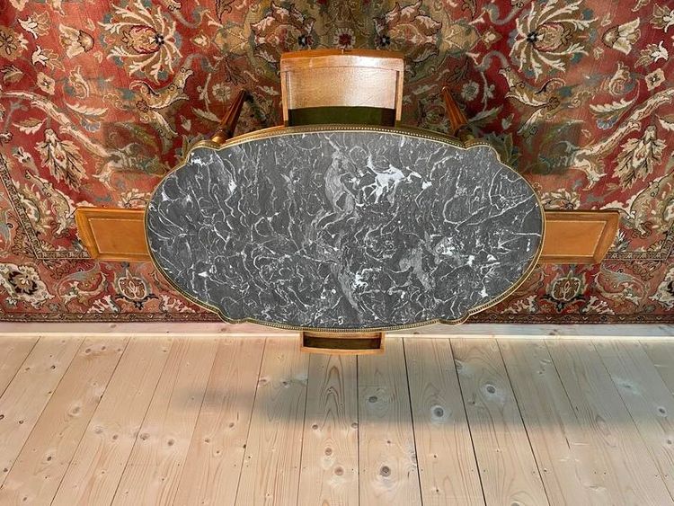 Louis XVI style bouillotte coffee table in gray marble