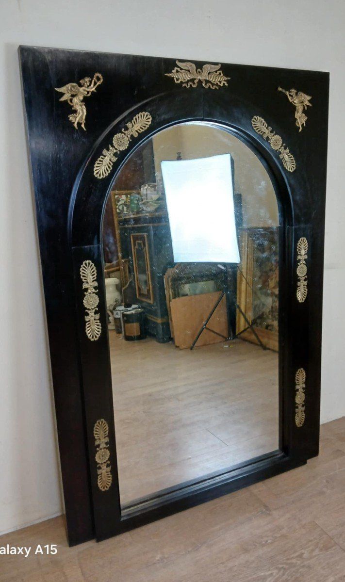 Important Empire Mirror In Black Lacquered Wood And Gilded Bronze XIXth Century