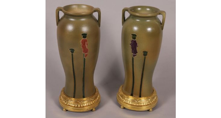 Pair of Choisy Le Roi stoneware vases signed in the decoration