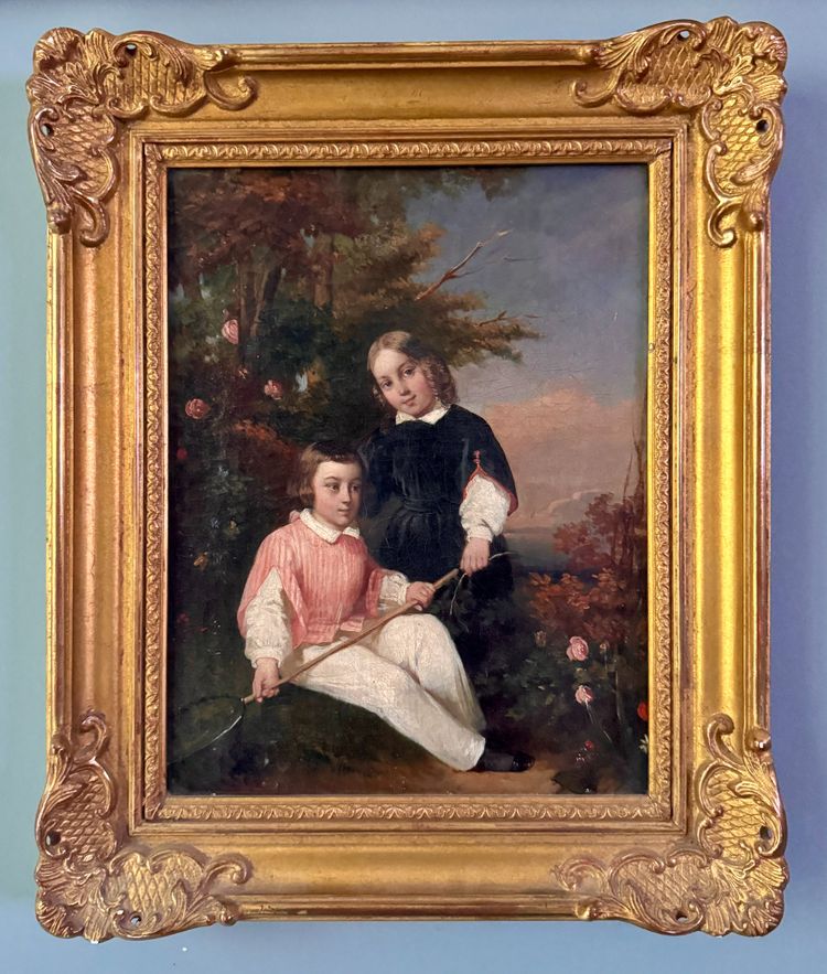 Full-length portrait of children - Butterfly hunting - 19th century canvas