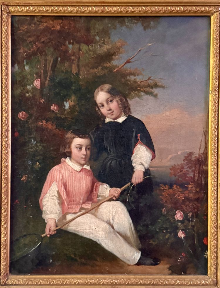 Full-length portrait of children - Butterfly hunting - 19th century canvas