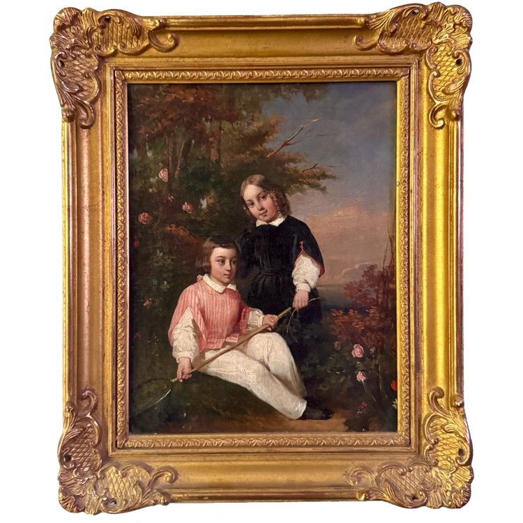 Full-length portrait of children - Butterfly hunting - 19th century canvas