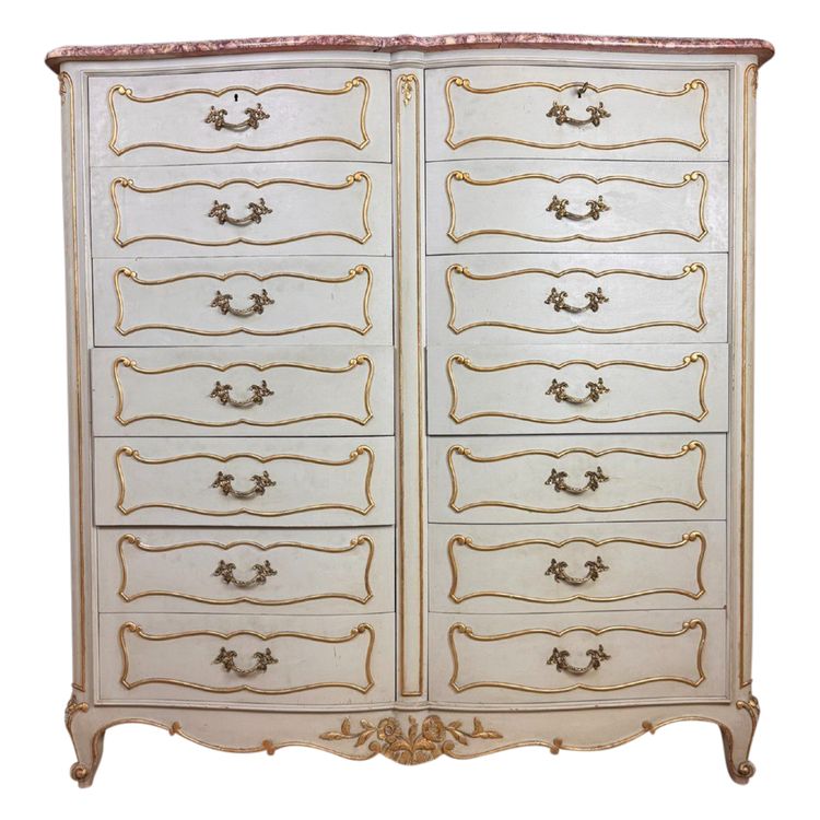 Semainier Arbalète A Double Rang De Tiroirs Style Louis XV En Bois Laqué Et Doré circa 1900