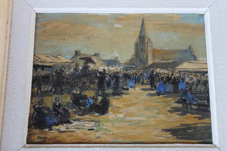 Pair of watercolors of Brittany: marine and mass exit signed Henri Davy, 20th century