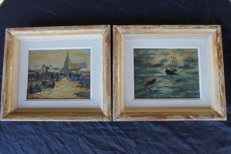 Pair of watercolors of Brittany: marine and mass exit signed Henri Davy, 20th century