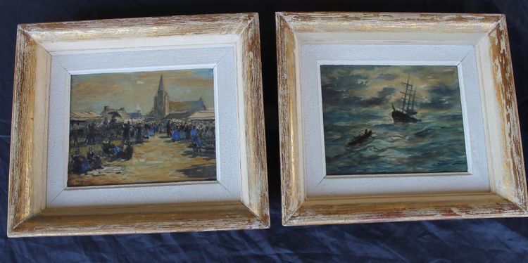 Pair of watercolors of Brittany: marine and mass exit signed Henri Davy, 20th century