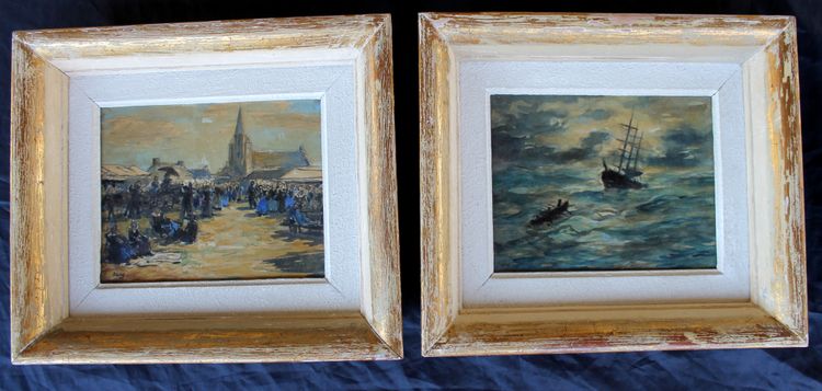 Pair of watercolors of Brittany: marine and mass exit signed Henri Davy, 20th century