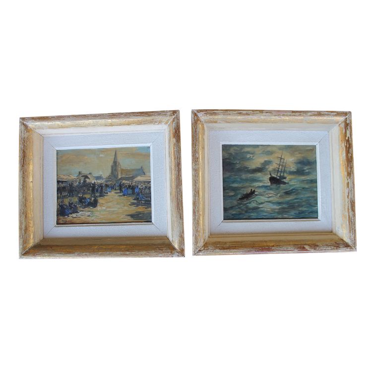 Pair of watercolors of Brittany: marine and mass exit signed Henri Davy, 20th century