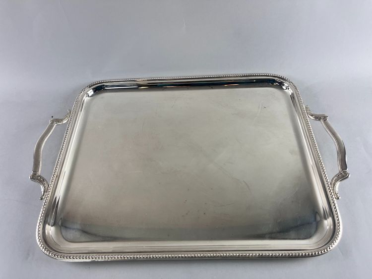 Rectangular silver-plated metal tray with pearl decoration