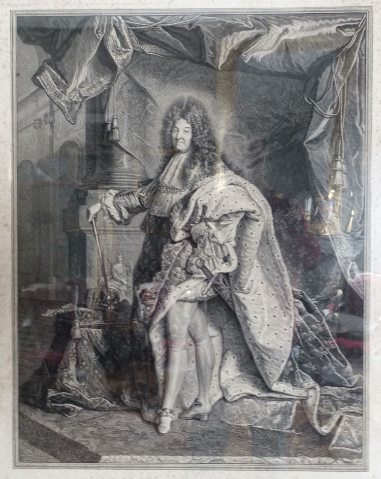 Large royalist engraving: King Louis XIV in majesty, gilded wood frame - 82cm x 99.5cm