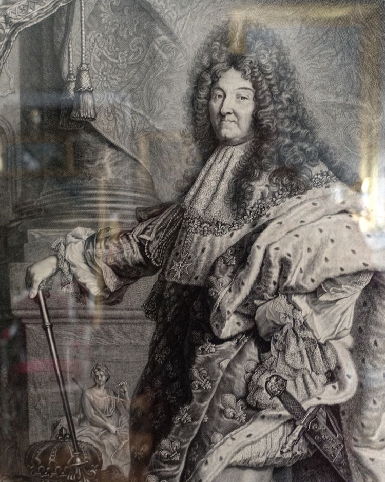 Large royalist engraving: King Louis XIV in majesty, gilded wood frame - 82cm x 99.5cm