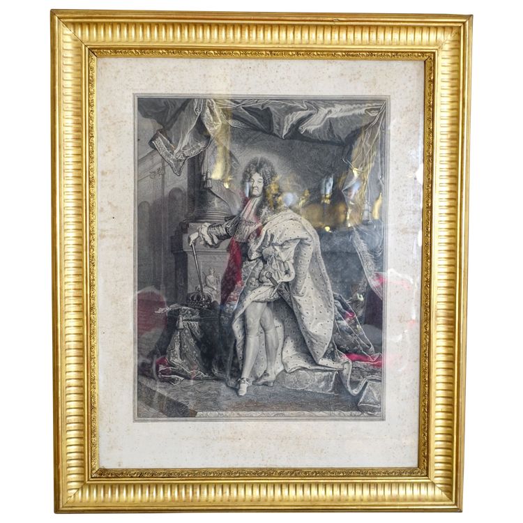 Large royalist engraving: King Louis XIV in majesty, gilded wood frame - 82cm x 99.5cm