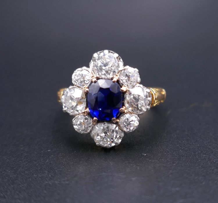 Sapphire and diamonds, gold and platinum ring.