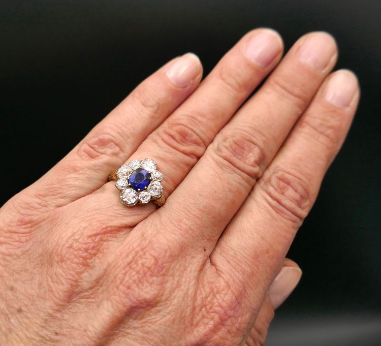 Sapphire and diamonds, gold and platinum ring.