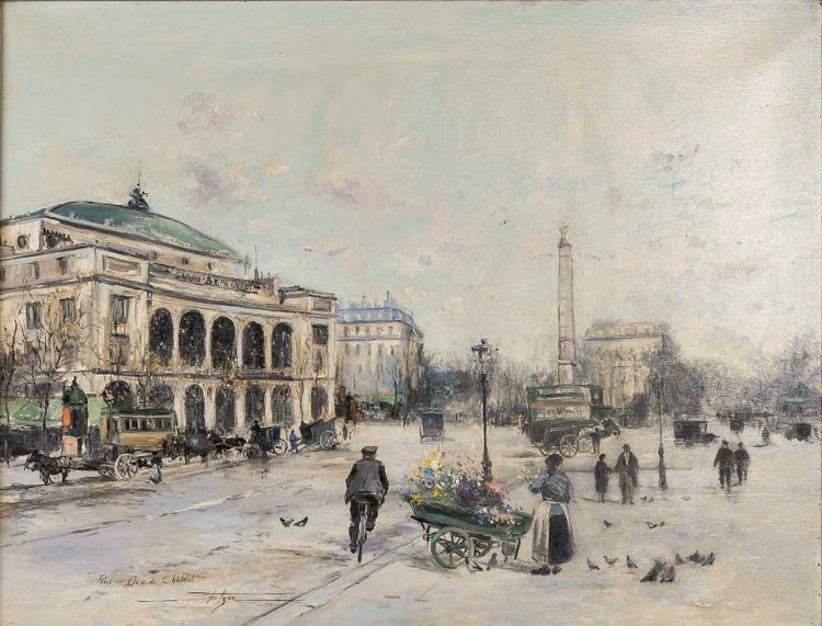 Jean-Bernard Trotzier The Itinerant Florist Place du Châtelet oil on canvas 20th century