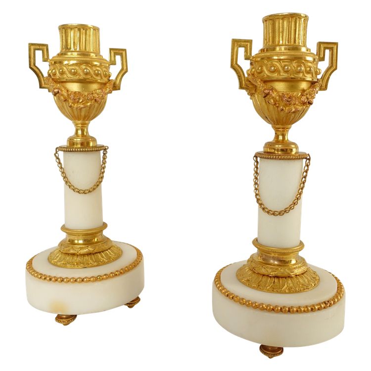 Pair of gilt bronze and marble cassolettes with upside-down candlesticks, Louis XVI style