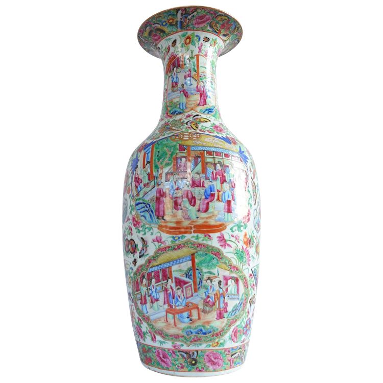 Very large polychrome and gilded Canton porcelain vase - China, 19th century - 65cm