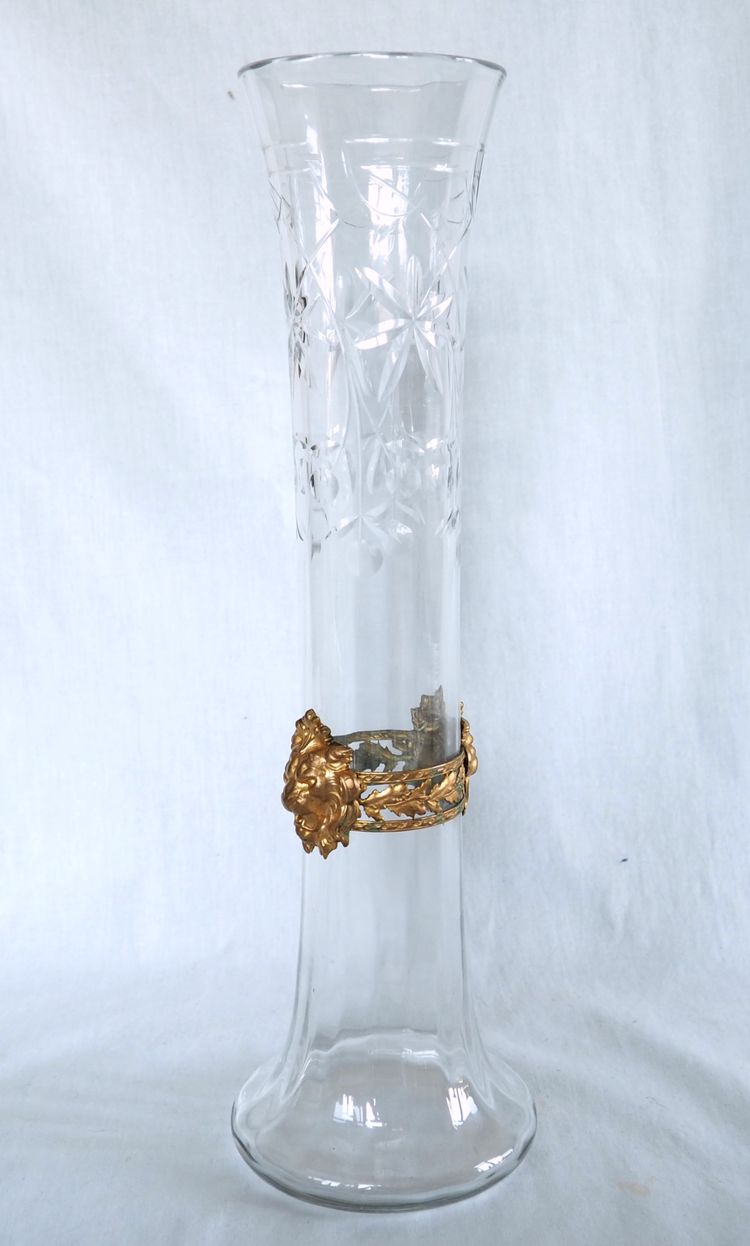 Very large Baccarat cut crystal vase, gilded brass mount with lion's head - circa 1900