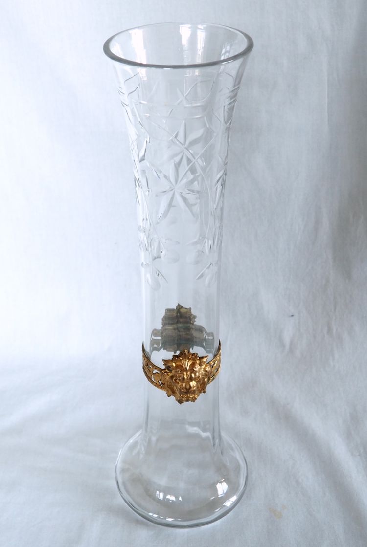 Very large Baccarat cut crystal vase, gilded brass mount with lion's head - circa 1900