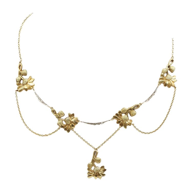 Art Nouveau Flower Drapery Necklace In 18k Gold And Platinum, Flower Necklace, Antique Jewelry