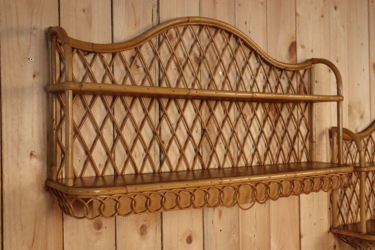 Large Pair of Rattan Wall Shelves Attributed to Audoux Minnet