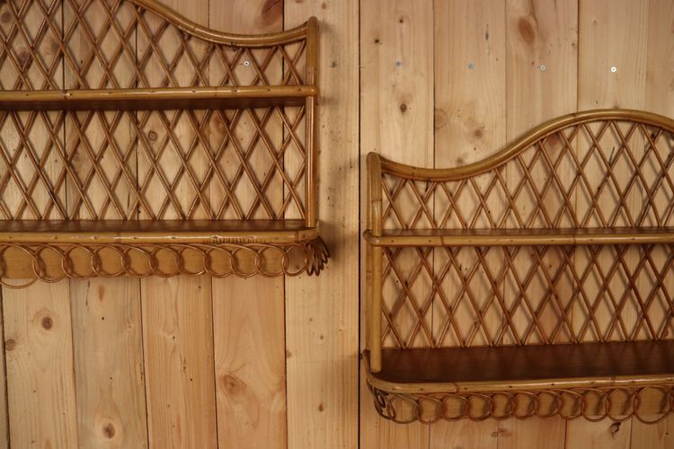 Large Pair of Rattan Wall Shelves Attributed to Audoux Minnet