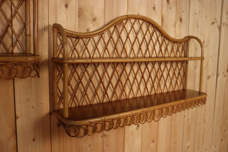 Large Pair of Rattan Wall Shelves Attributed to Audoux Minnet