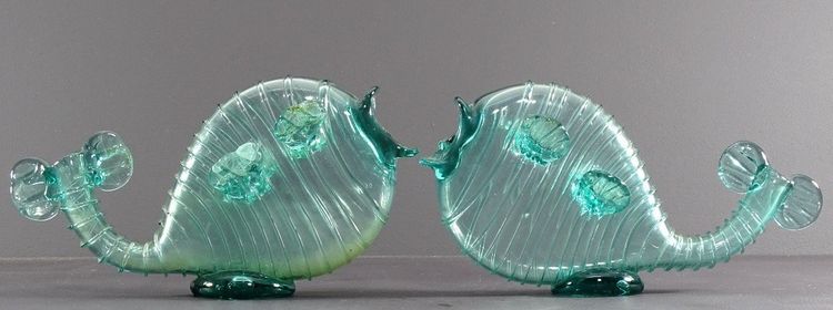 Venice, Murano Island, 1950s, Pair Of Blown Glass Soliflores Depicting Fish.