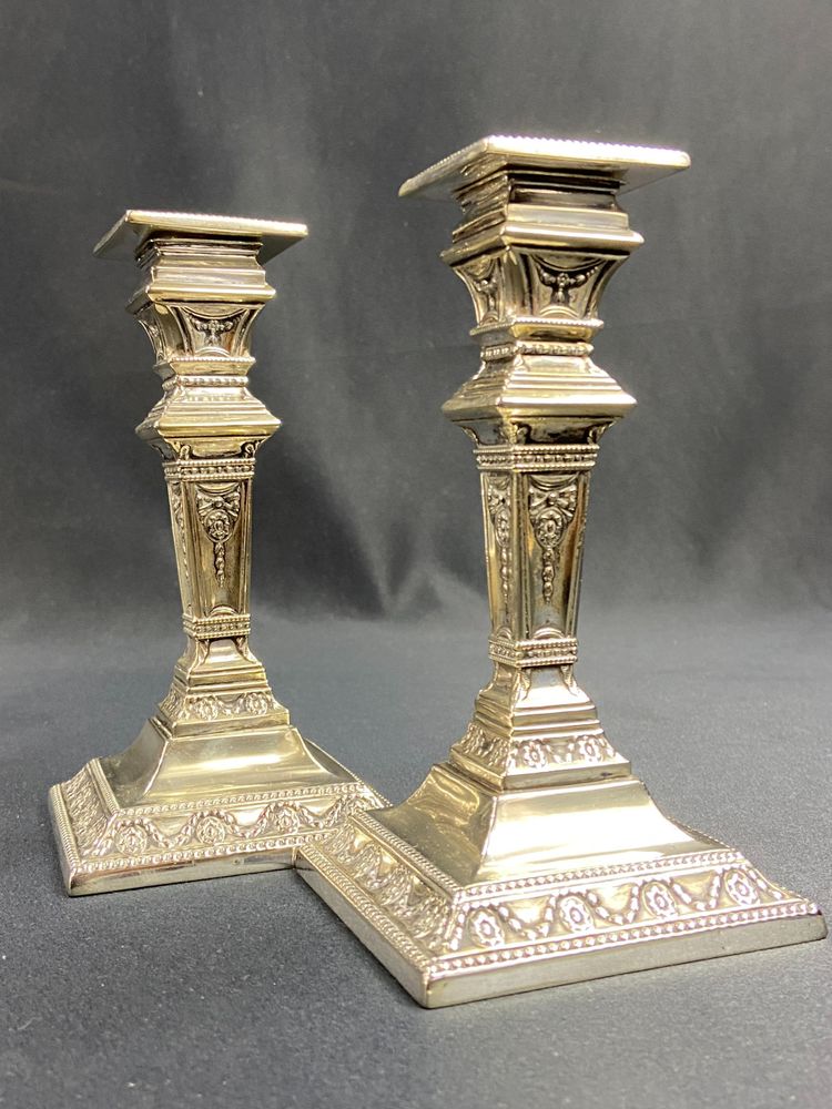 Pair of Victorian Neo-Classical silver-plated candlesticks