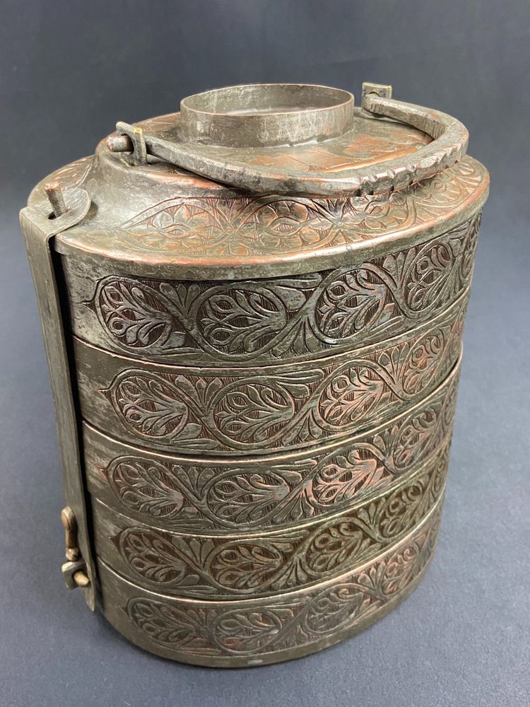 5-compartment meal box chased tinned copper Ottoman Empire 19th century Turkey