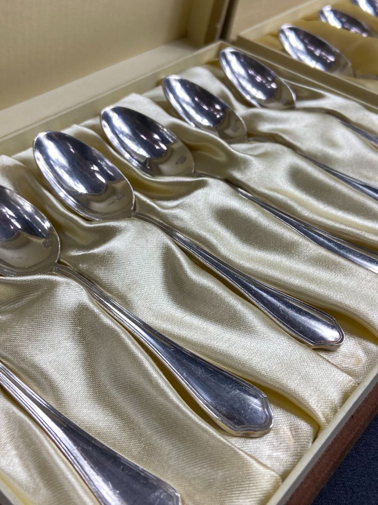 Complete set of 12 Louis XV style silver plated moka spoons signed Hermès