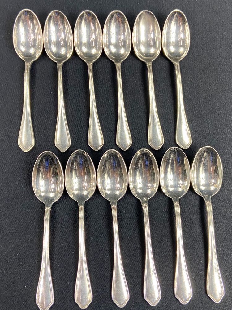 Complete set of 12 Louis XV style silver plated moka spoons signed Hermès