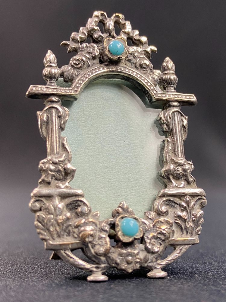 Louis XIV style miniature silver photo frame with turquoise pearls