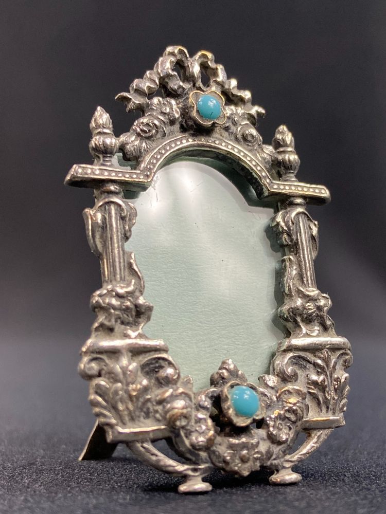 Louis XIV style miniature silver photo frame with turquoise pearls