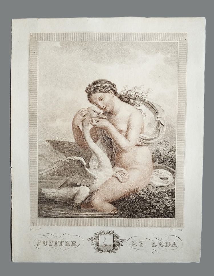 Jupiter And Leda Mythological Engraving Empire Period Etching By Bosselman 19th C Old Print