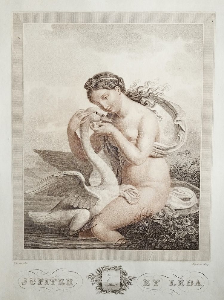 Jupiter And Leda Mythological Engraving Empire Period Etching By Bosselman 19th C Old Print