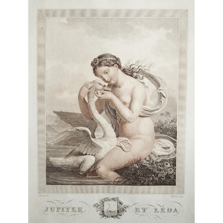 Jupiter And Leda Mythological Engraving Empire Period Etching By Bosselman 19th C Old Print