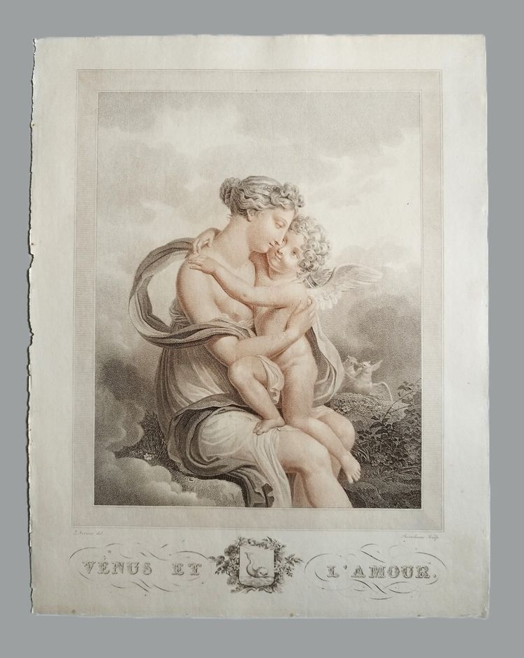 Venus And Love  Mytological Engraving Empire Period By Bosselman Etching Old Print 19th C