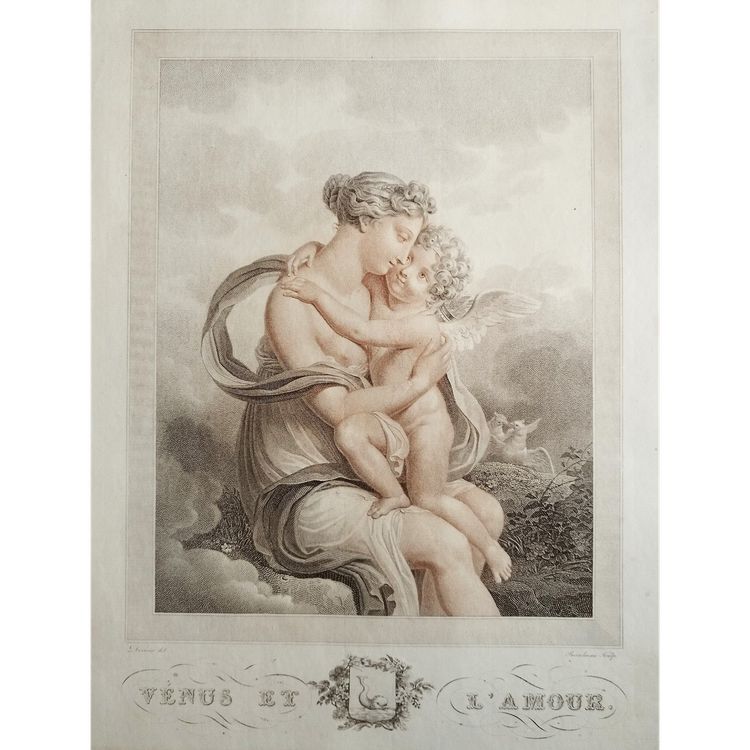 Venus And Love  Mytological Engraving Empire Period By Bosselman Etching Old Print 19th C