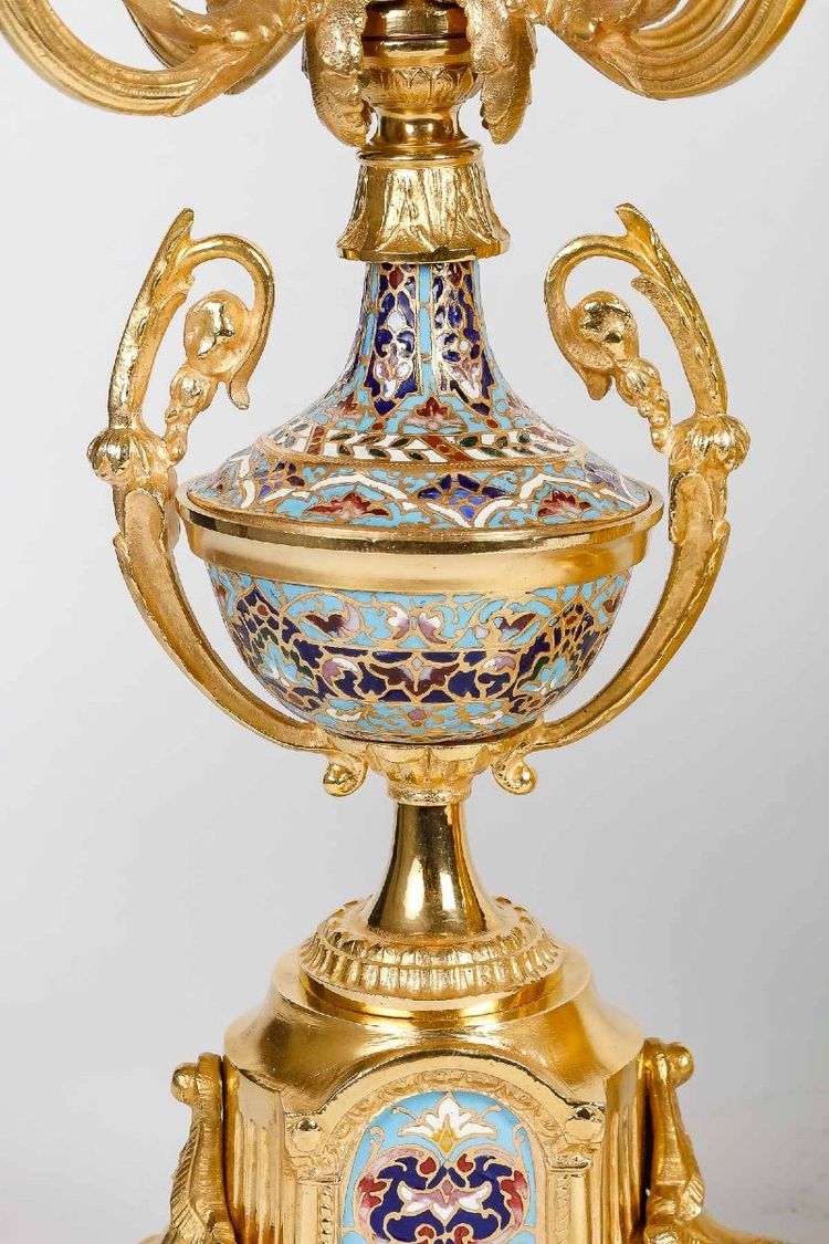 Kaminbesteck aus vergoldeter Bronze und Cloisonné-Emaille, spätes 19. Jahrhundert