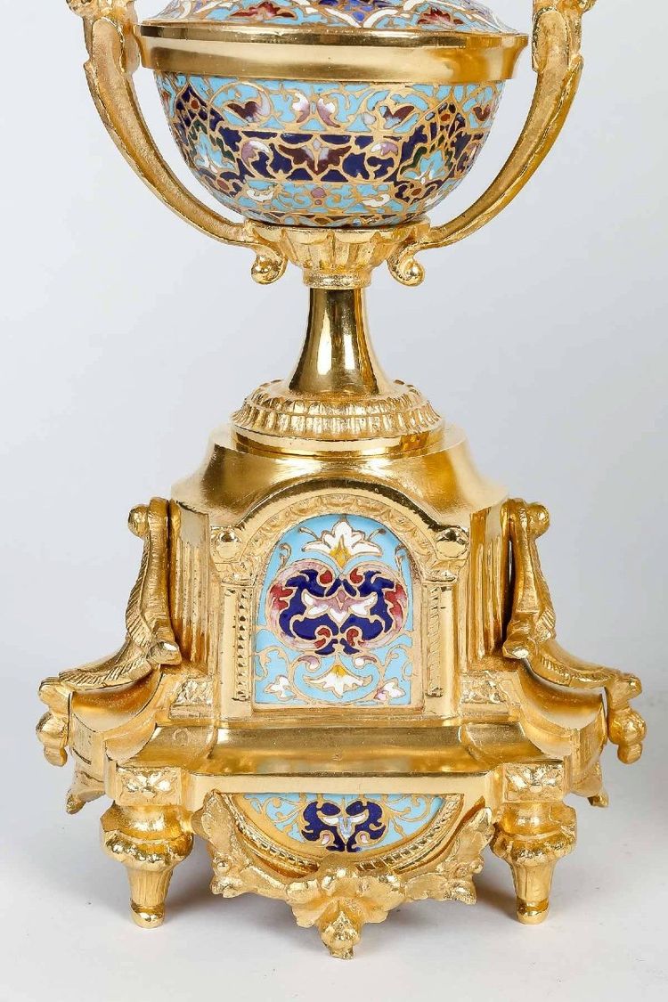 Garniture De Cheminée En Bronze Doré Et émail Cloisonné Fin XIXème Siècle