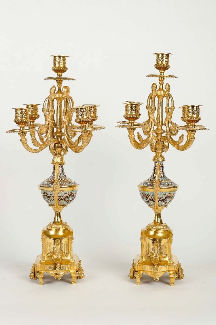 Garniture De Cheminée En Bronze Doré Et émail Cloisonné Fin XIXème Siècle