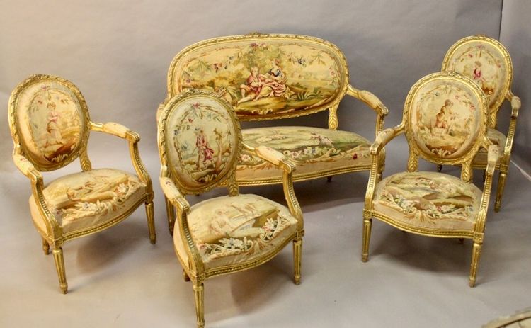 Living Room 4 Armchairs And A Louis XVI Aubusson Banquette In Gilded Wood