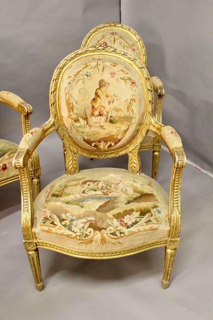 Living Room 4 Armchairs And A Louis XVI Aubusson Banquette In Gilded Wood