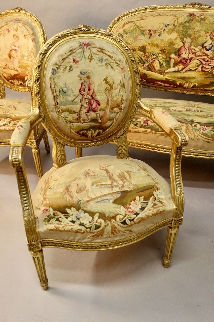 Living Room 4 Armchairs And A Louis XVI Aubusson Banquette In Gilded Wood