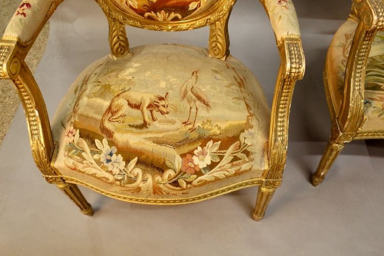 Living Room 4 Armchairs And A Louis XVI Aubusson Banquette In Gilded Wood