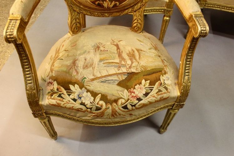 Living Room 4 Armchairs And A Louis XVI Aubusson Banquette In Gilded Wood