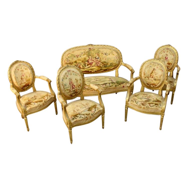 Living Room 4 Armchairs And A Louis XVI Aubusson Banquette In Gilded Wood