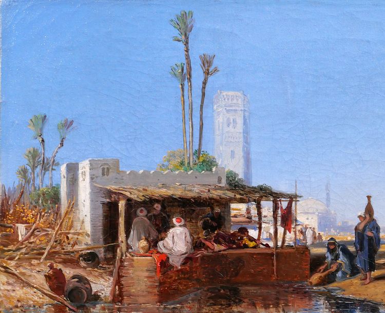 French Orientalist school signed 1851, landscape at the oasis, painting, Morocco, Algeria, Fromentin