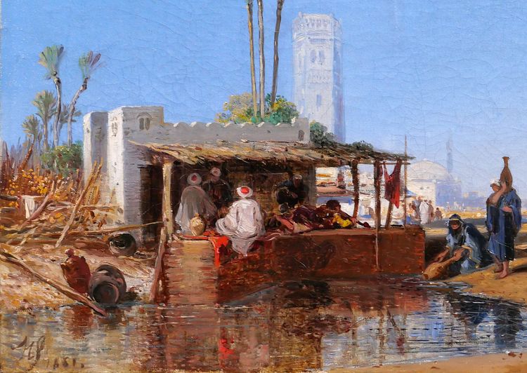 French Orientalist school signed 1851, landscape at the oasis, painting, Morocco, Algeria, Fromentin